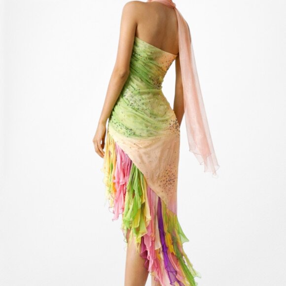 Vintage Pink Strapless Beaded Ruffle Asymmetric High Low Midi Prom Dress Size M - Picture 4 of 14